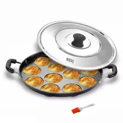 12-Cavity Non-Stick Appam Patra with Stainless Steel Lid & Silicone Brush